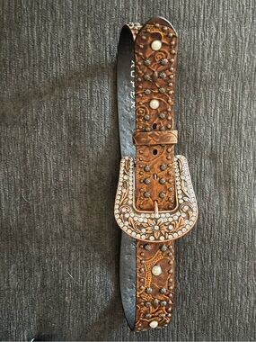 Roper Brown Leather Belt with Bling Decorative Buckle